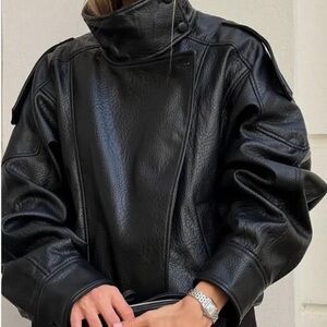 Black High-Neck Faux Leather Jacket - Women